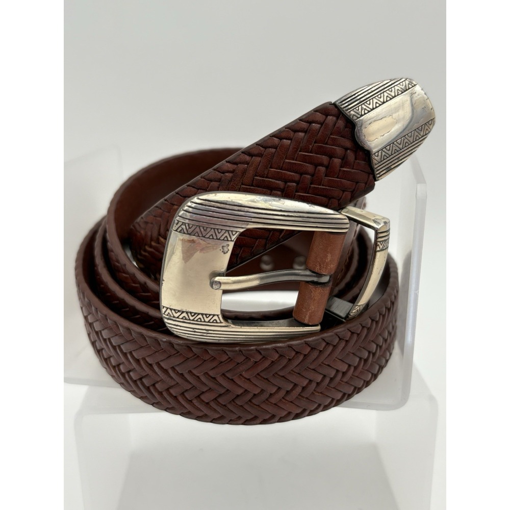 PING Collection Men's Italian Leather Basketweave Belt Size 44 Western Buckle